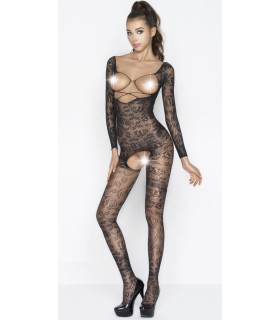 Комбінезон напівпрозорий Passion BS031 з відкритим бюстом та інтимним доступом, чорний, One Size - No Taboo